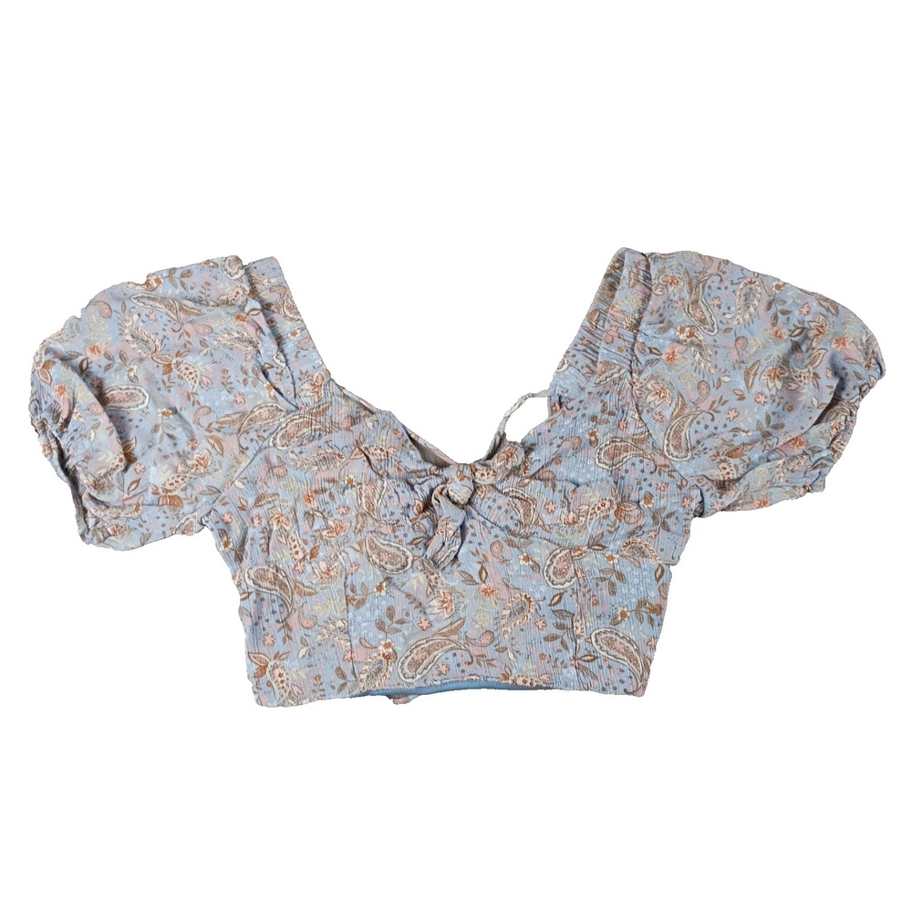 Altar'd State Floral Boho Corset Crop Top Paisley L Blue Puff Sleeve Tie Open